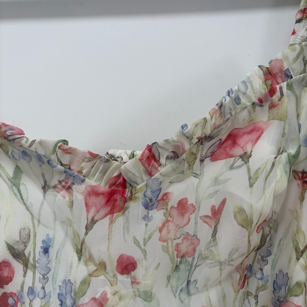 Lulus Galiena NWT size Small Ivory‎ Floral Tiered Puff Sleeve Midi Dress - Picture 7 of 14